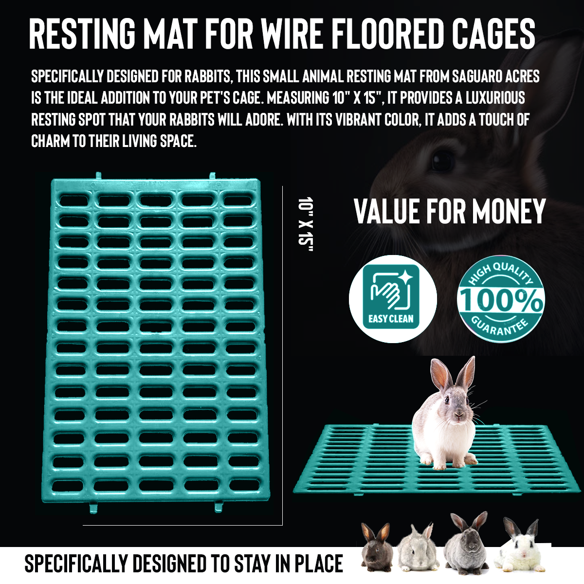 Saguaro Acres Rabbit & Small Animal Cage Resting Mat with 2 Coop Cups for Food & Water (Teal)